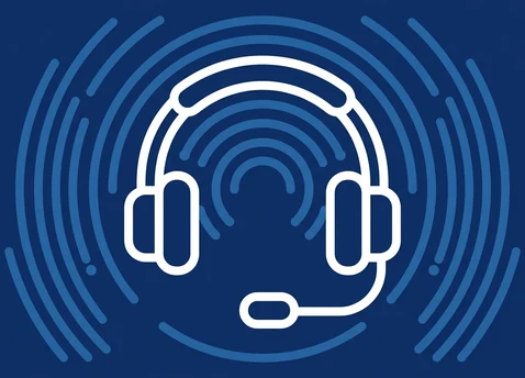 Icon of a call centre headset inside concentric routing rings, representing contact centre software