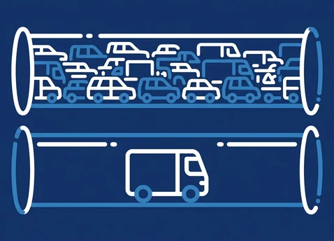 Icon of three lanes where the outer lanes are crowded with traffic and the clear center lane carries a single arrow, representing dedicated internet access
