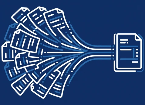 Icon of many separate invoices merging into a single bill, representing multi-location telecom bill consolidation