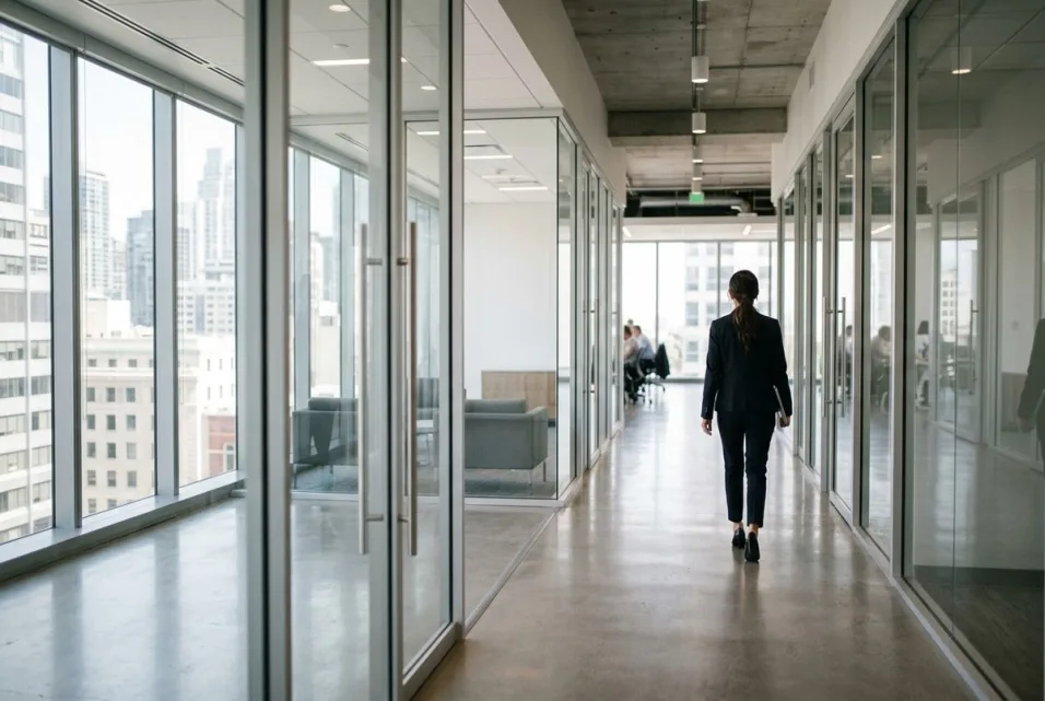 Modern office corridor at a company advised by Abadi Group Inc on its voice and data services.