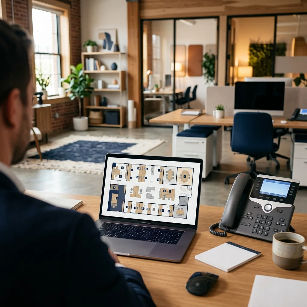 An advisor planning phone seats across a floor plan