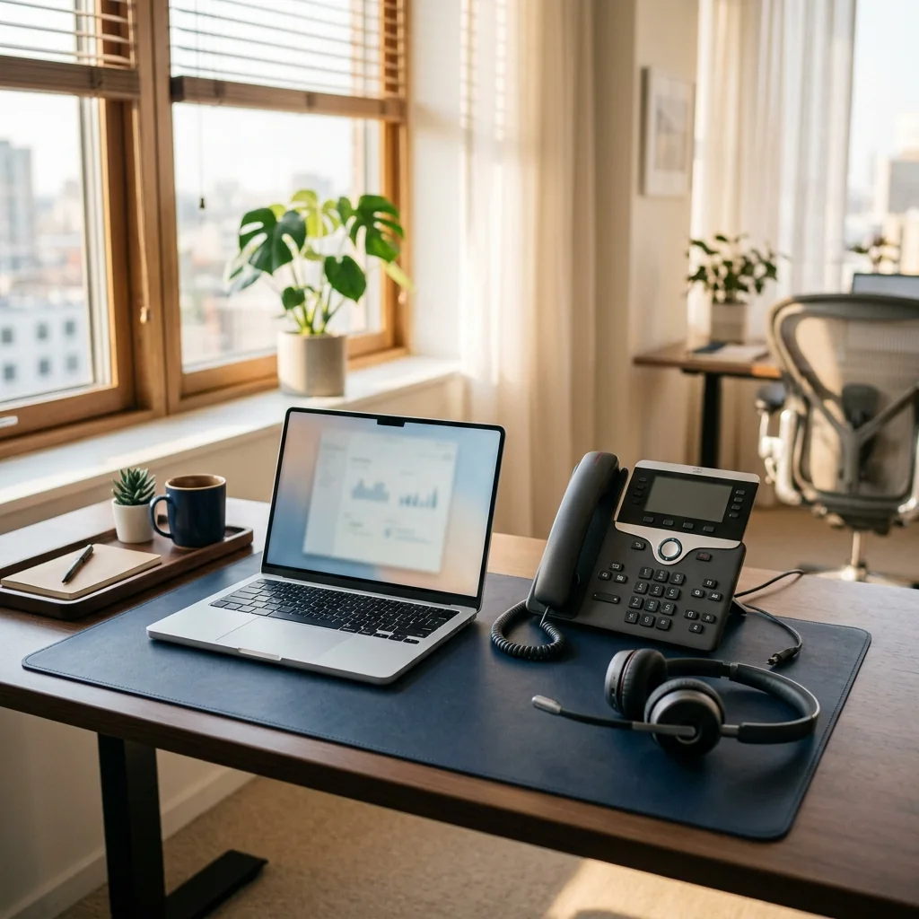 A desk with a VoIP phone, laptop and headset