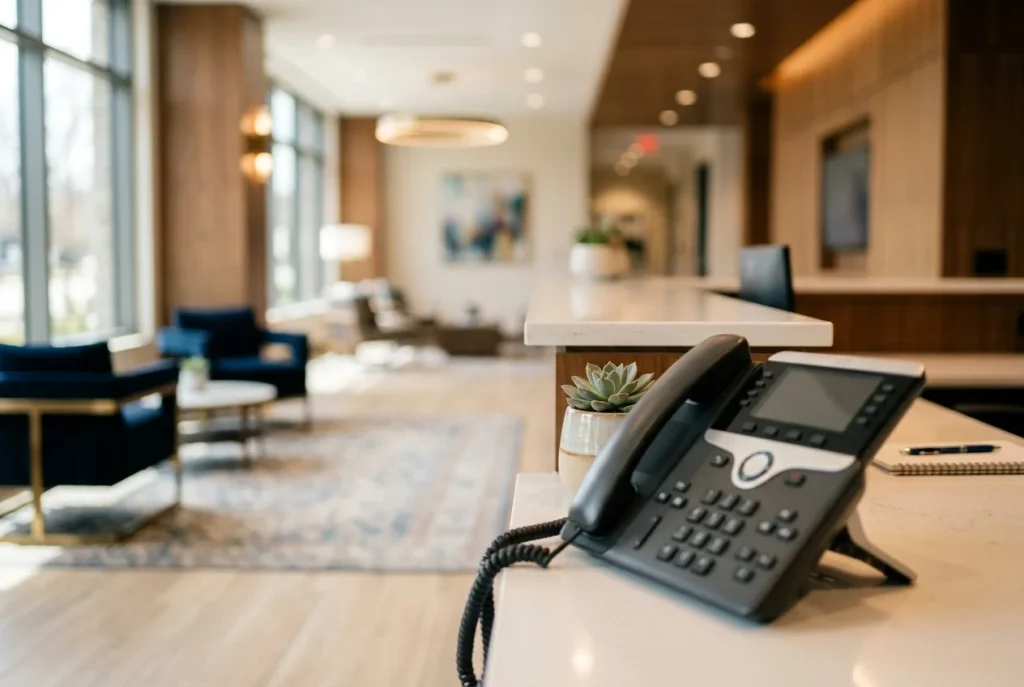 A desk phone on a reception counter