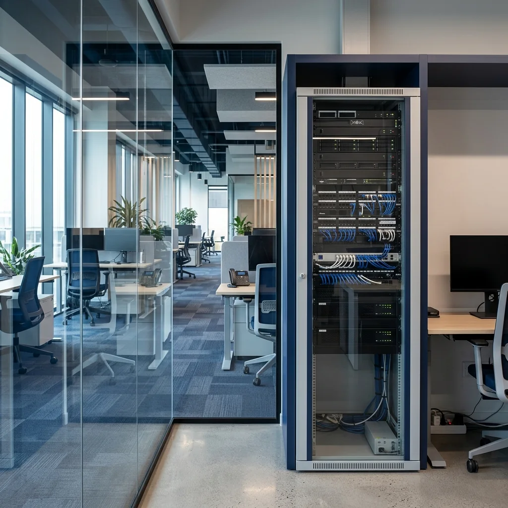 A network cabinet on an office floor linking two workspaces