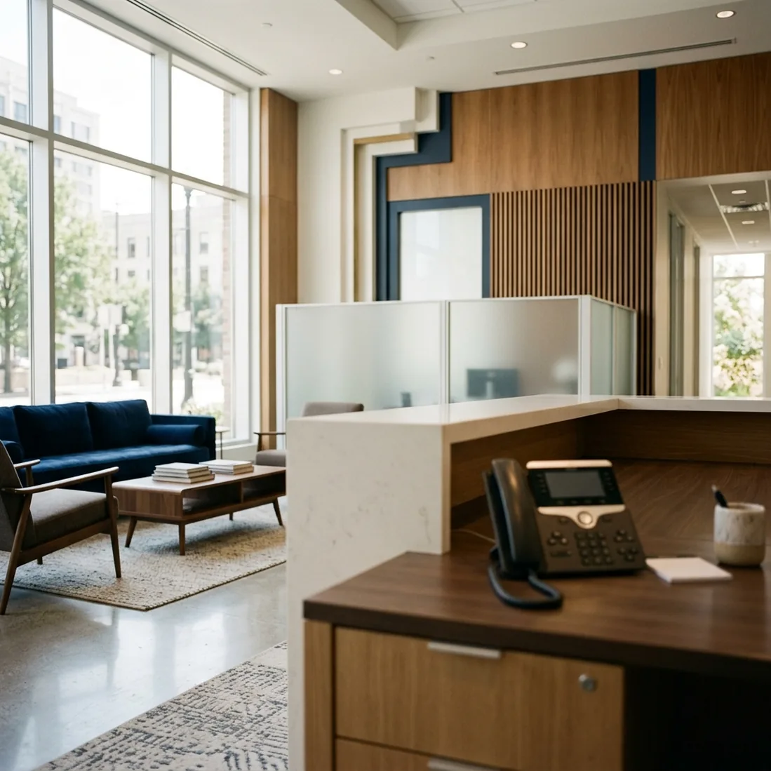 The reception area of a law firm advised by Abadi Group Inc on its business internet and phone.