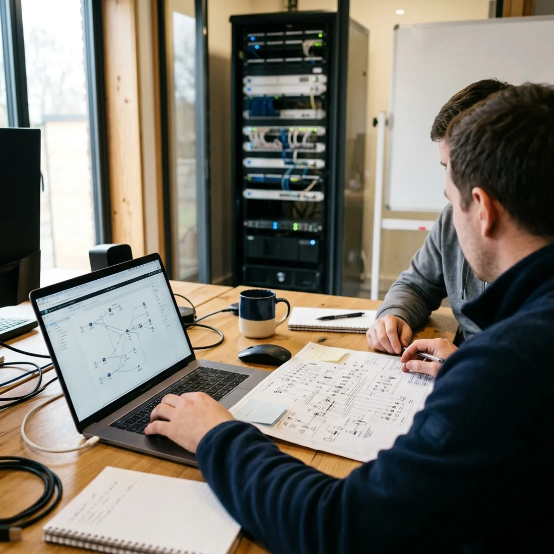 An information technology consultant reviewing a network diagram, the kind of partner who brings Abadi Group Inc a client.
