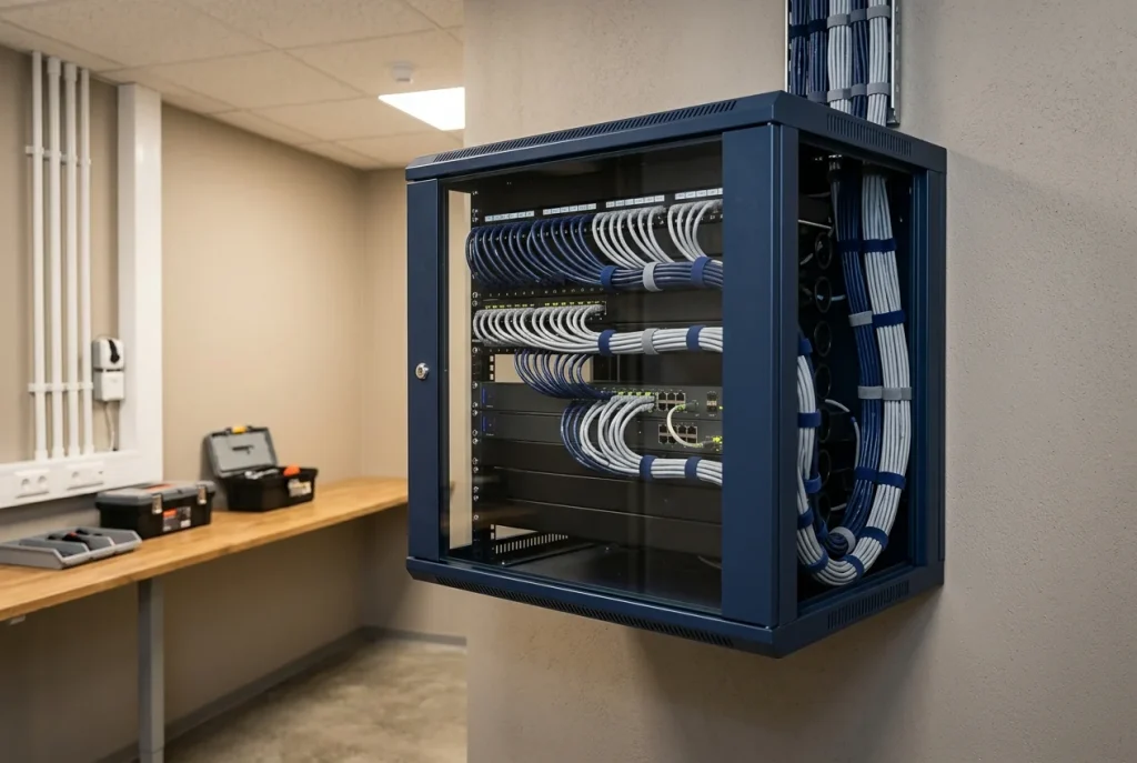 A wall mounted network cabinet with a patch panel